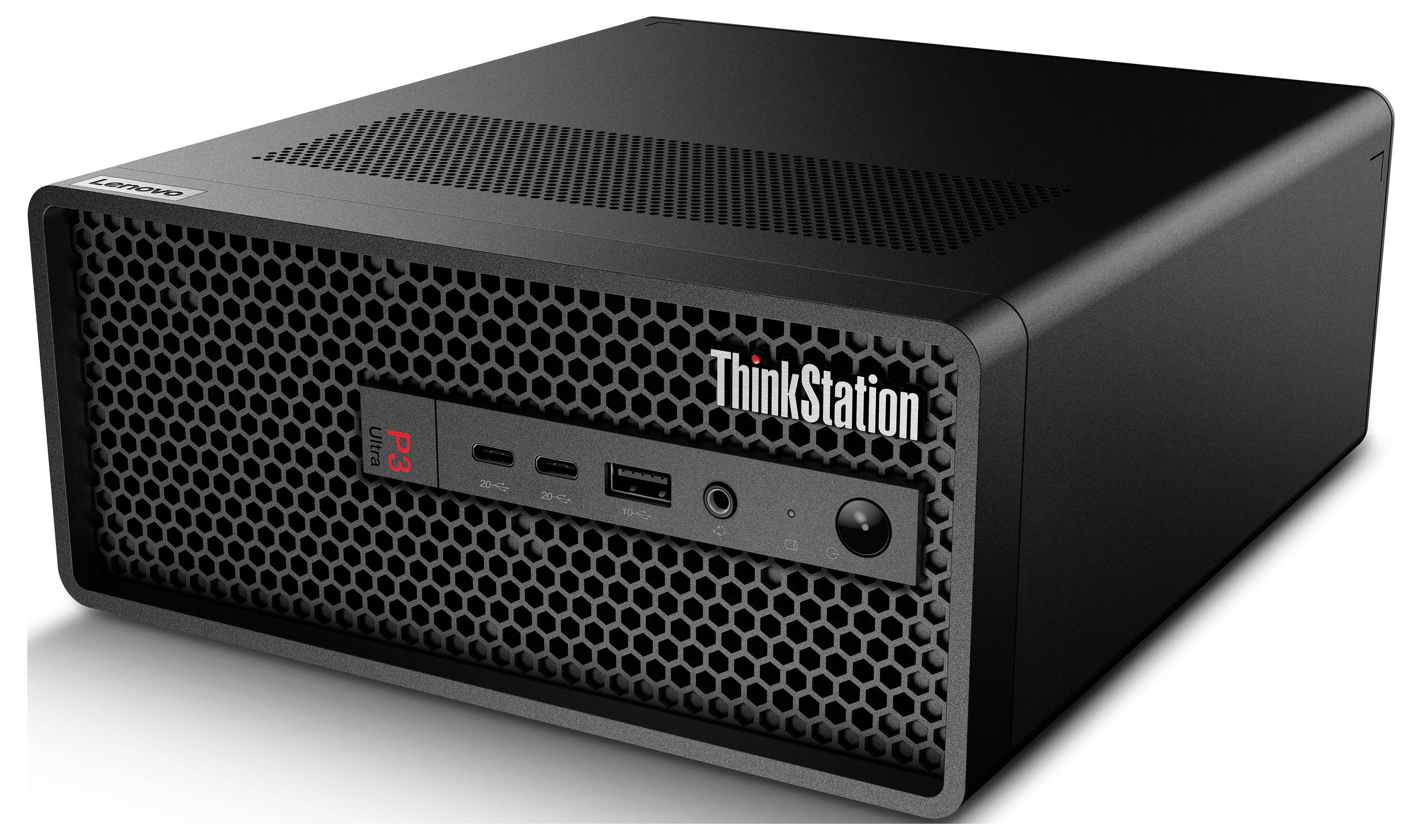Schwarzer Lenovo ThinkStation Desktop-Workstation-Tower mit vorderen USB-Anschlüssen, Audiobuchse und Netzschalter.