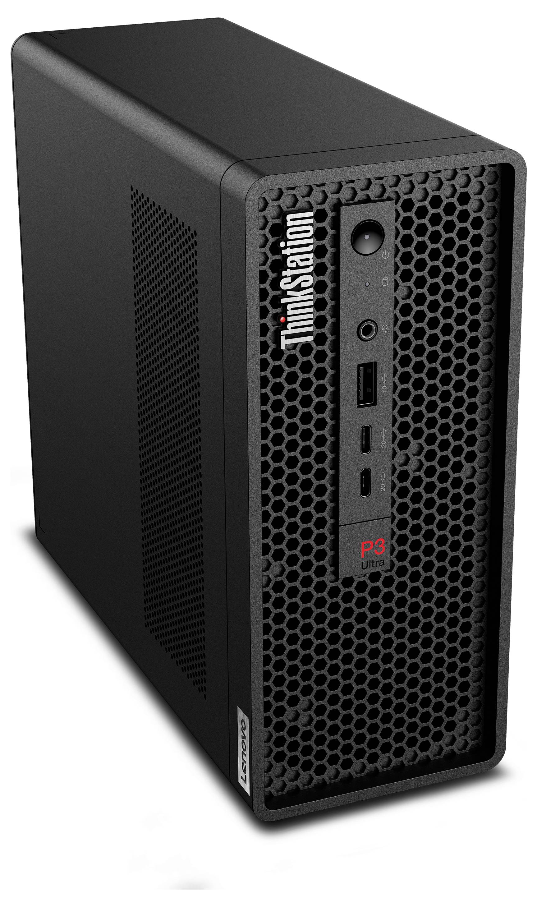 Schwarze Lenovo ThinkStation P3 Tower-Workstation mit vorderer Stromschalter, Anschlüssen und Wabenlüftungsgitter