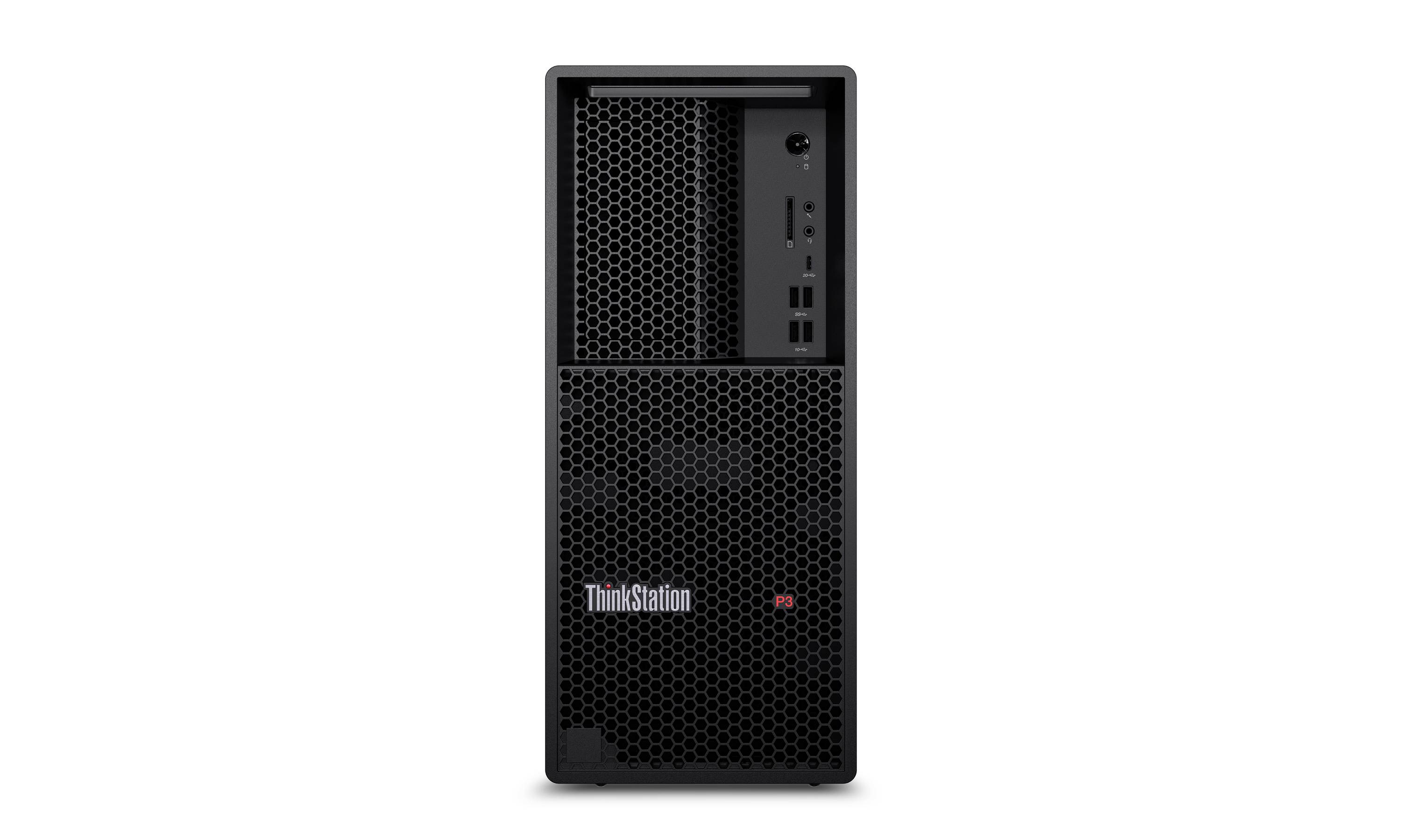 Schwarzer Lenovo ThinkStation Tower-Desktop-Computer in Vorderansicht auf weißem Hintergrund gezeigt.