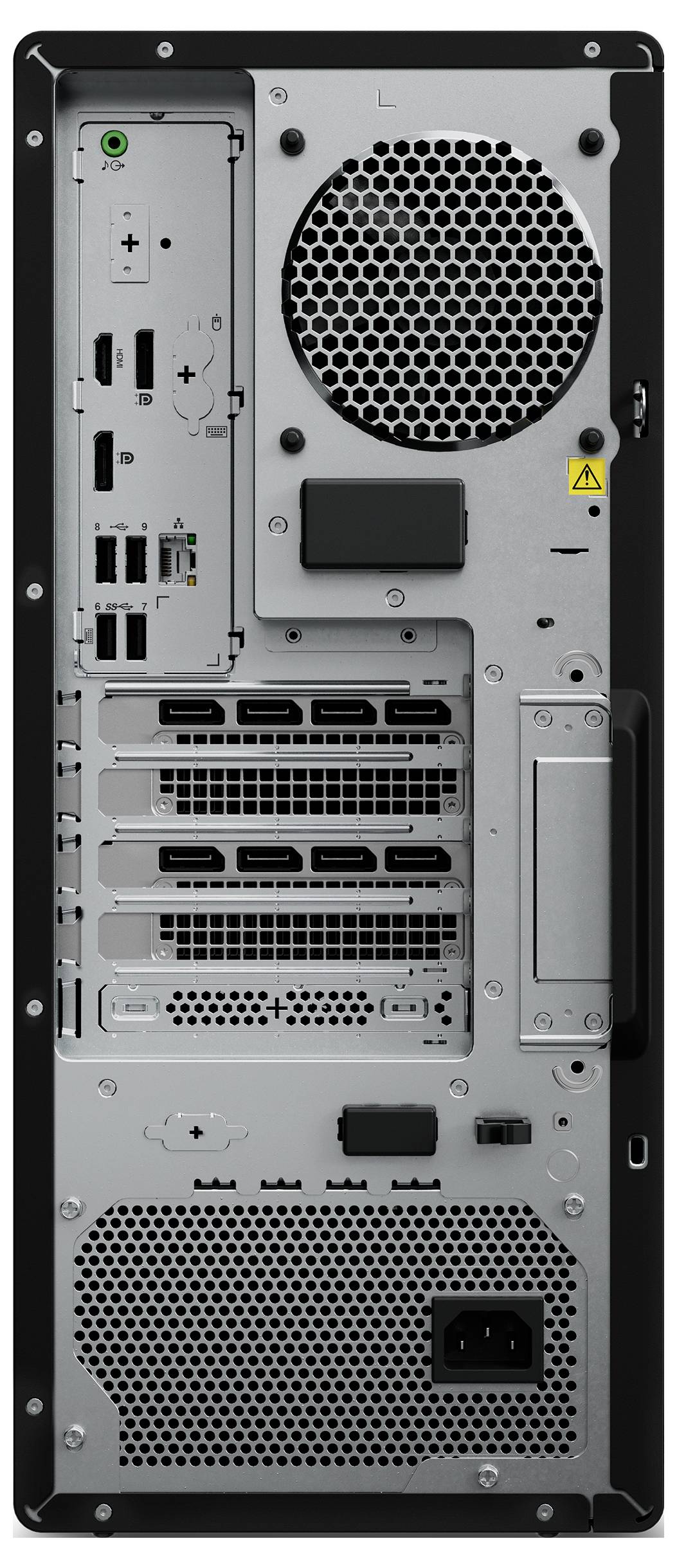 Rückansicht eines Desktop-Computer-Gehäuses mit Belüftungsgittern, Erweiterungssteckplätzen, Stromeingängen und mehreren Anschlüssen auf der Rückseite.