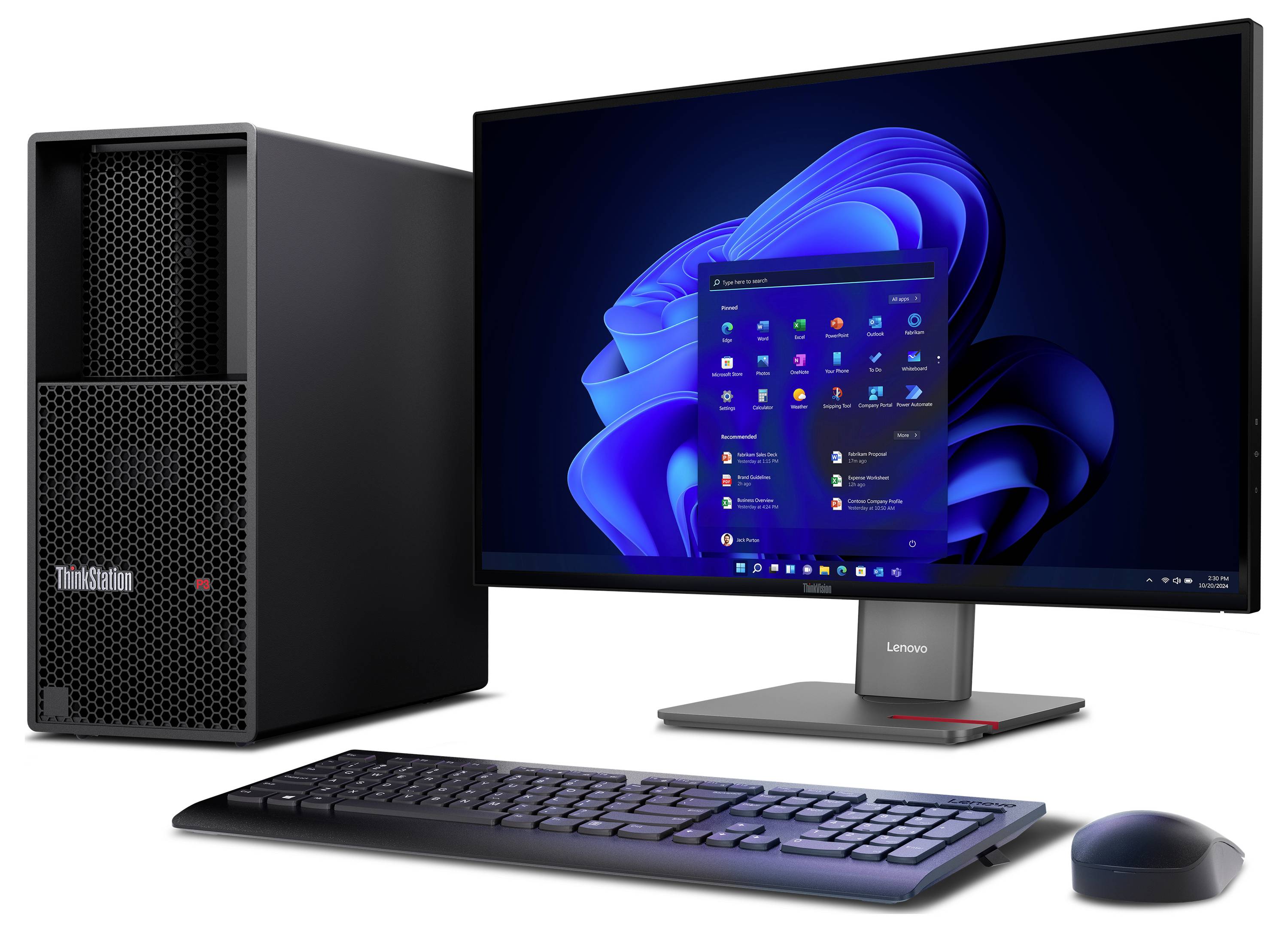 Desktop-Computer-Setup mit Lenovo-Monitor, auf dem Windows 11 angezeigt wird, ThinkStation-Tower, Tastatur und Maus auf weißem Hintergrund.