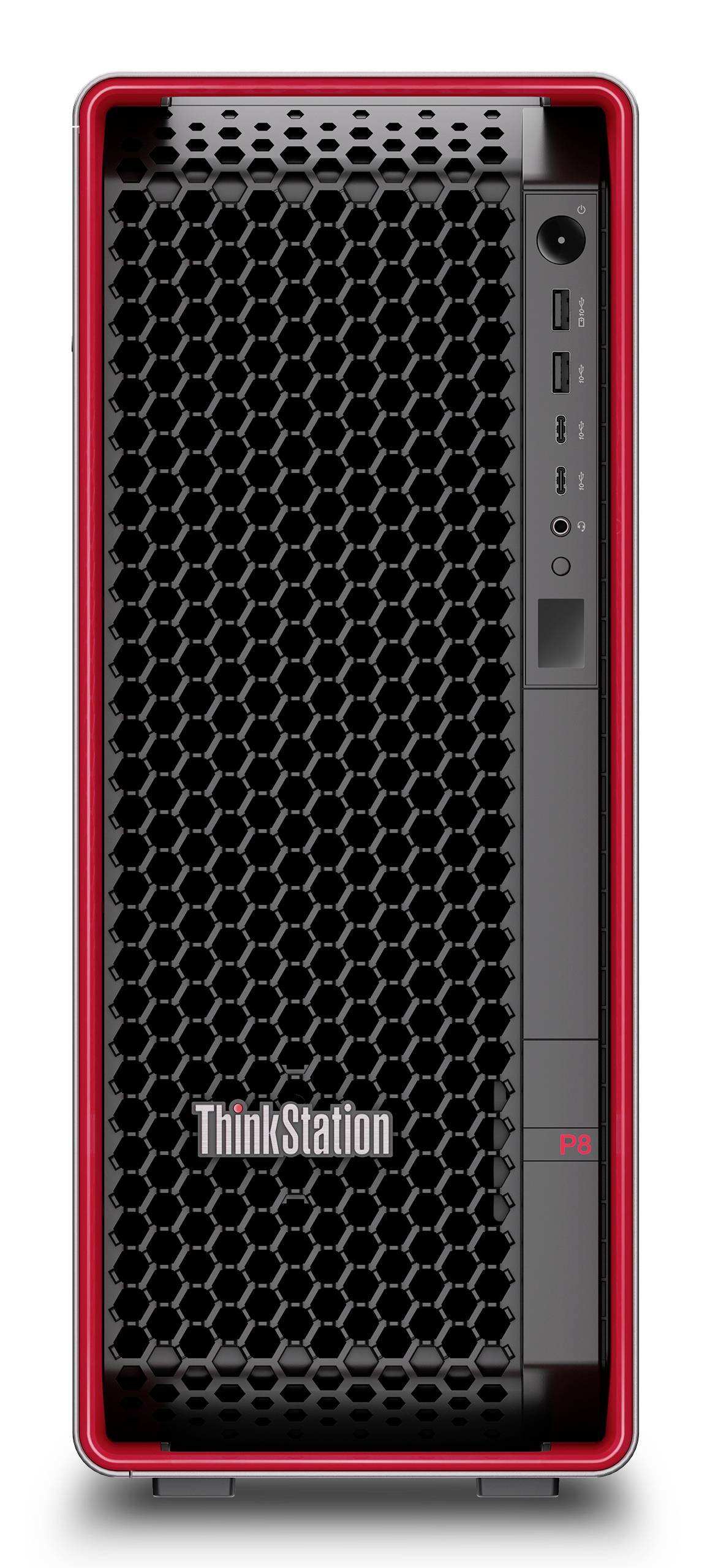 Frontansicht eines Lenovo ThinkStation P8 Desktop-Towers mit schwarzem Sechskant-Gitter und roter Umrandung.