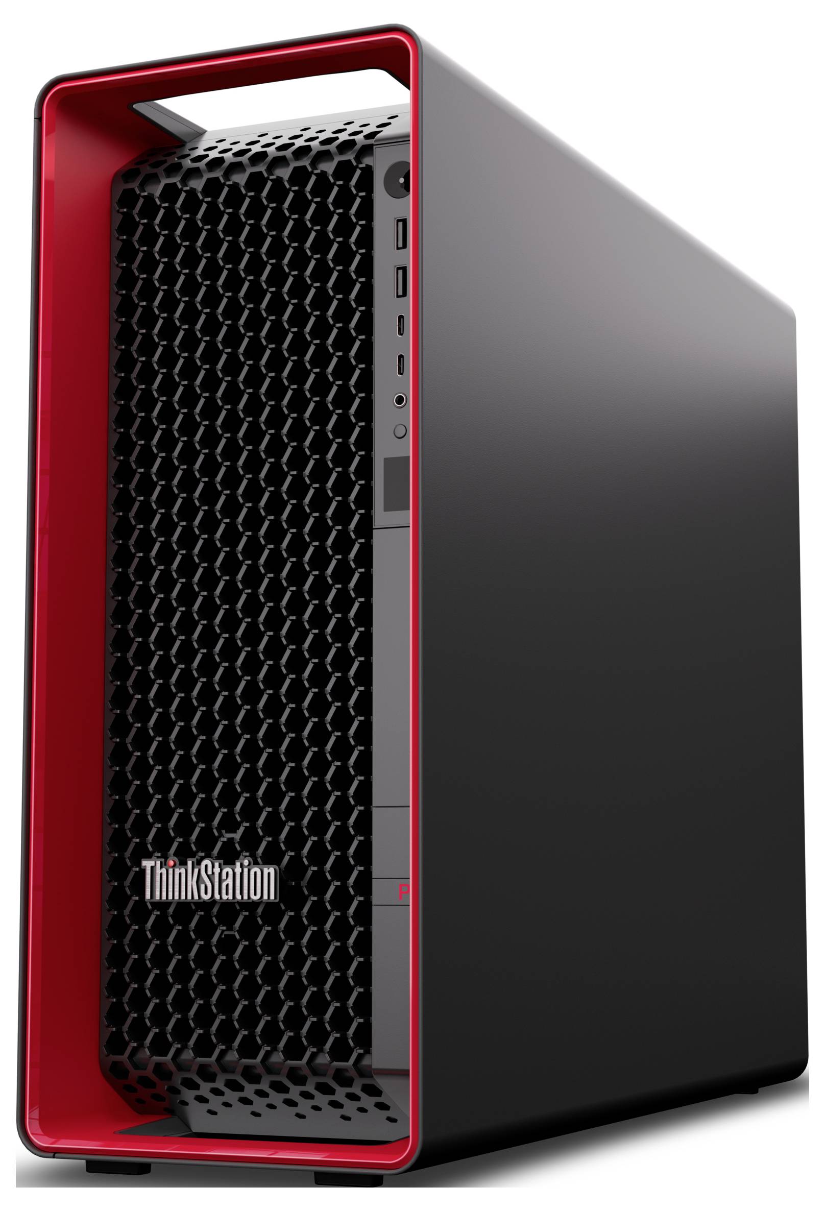Frontansicht eines Lenovo ThinkStation Desktop-Towers mit rot beleuchteter Blende, schwarzem Wabenrost und sichtbaren Anschlüssen auf der Frontplatte.