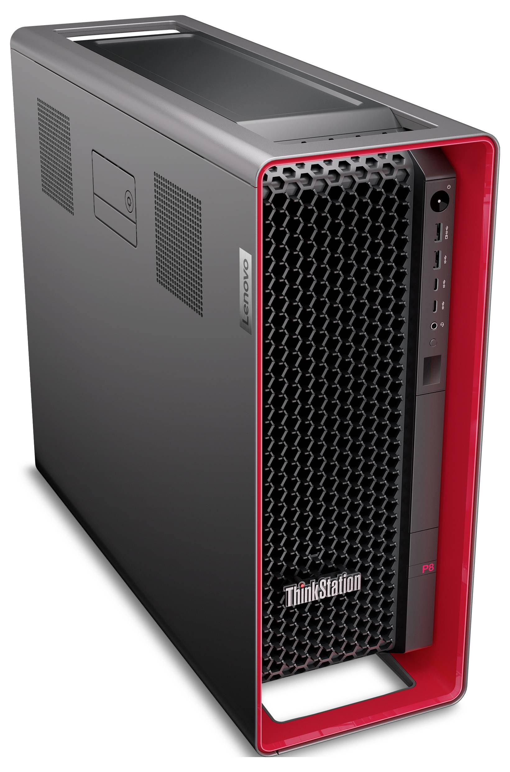 Frontansicht einer Lenovo ThinkStation Tower-Workstation mit schwarzem Wabenrost und rot eingefasstem vorderen Rahmen.