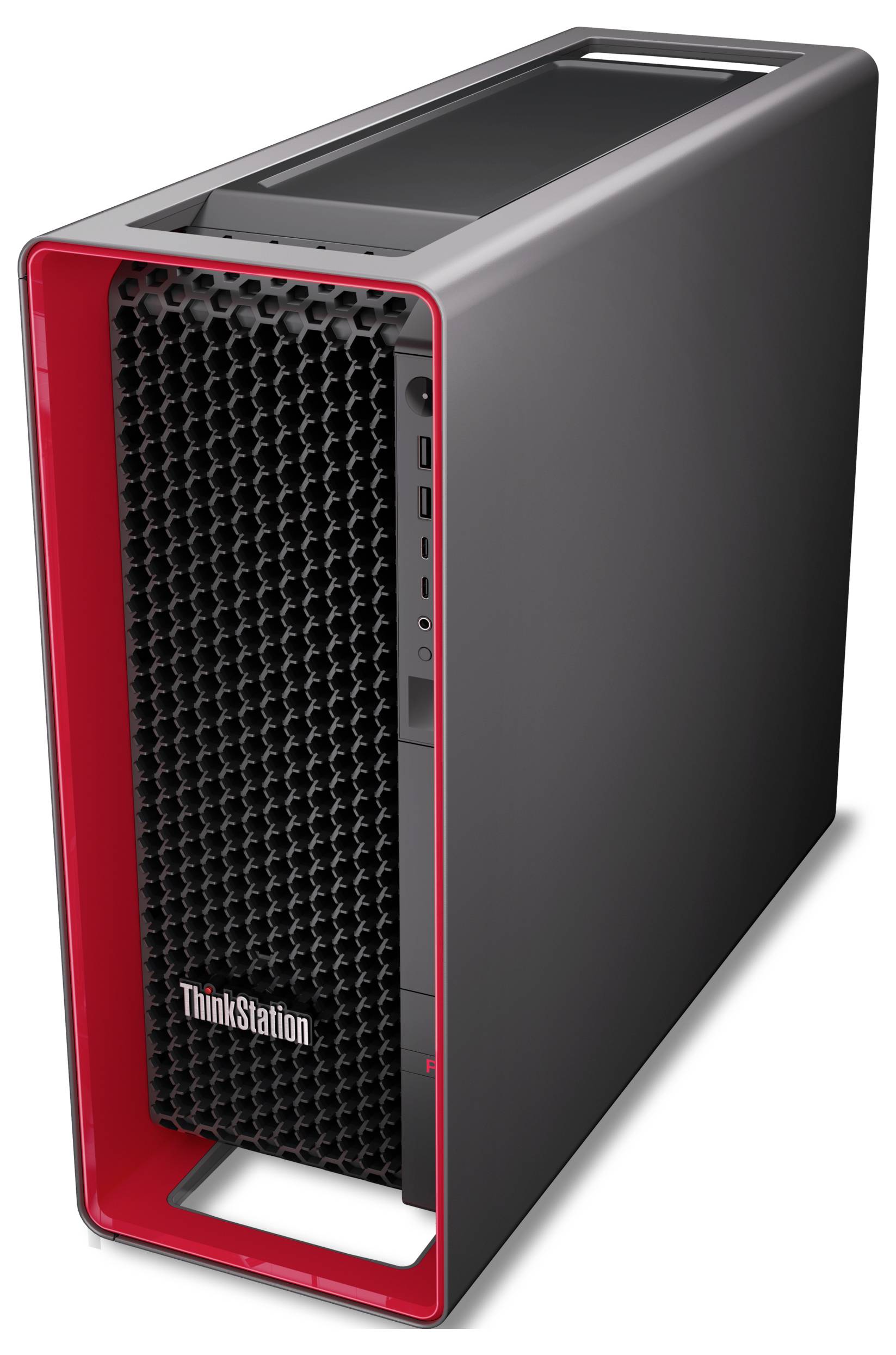 Schwarzer Lenovo ThinkStation Desktop-Tower mit roter Frontblende und Wabenrost, dargestellt in Dreiviertelsicht.