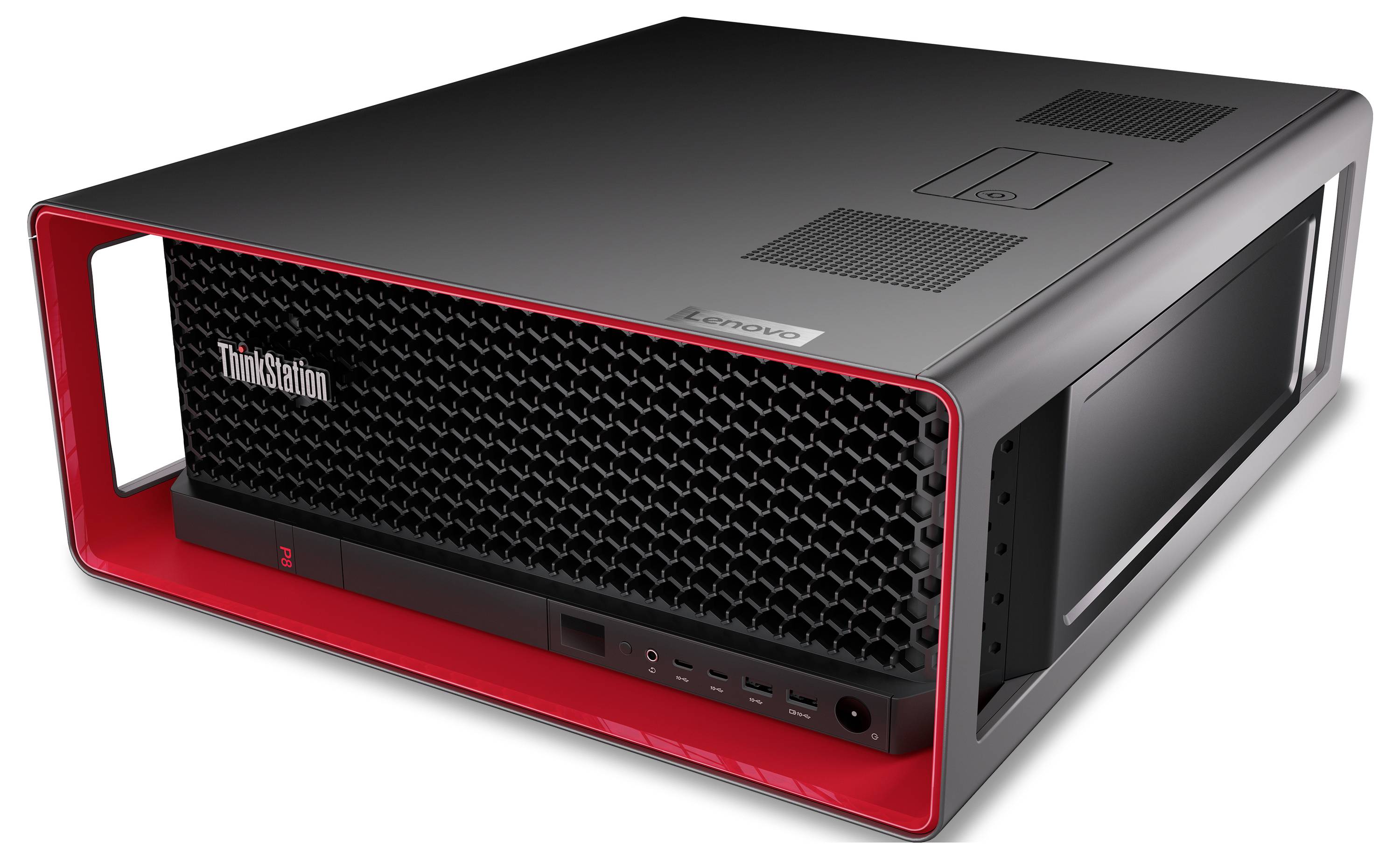 Ein Lenovo ThinkStation Desktop-Arbeitsplatz-Rechner mit schwarzem Frontgitter und rotem Akzentrahmen, perspektivisch auf weißem Hintergrund dargestellt.