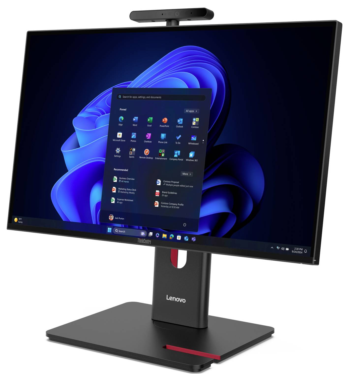 Lenovo-Desktop-Monitor mit Webcam, der das Windows-11-Startmenü auf einem blauen abstrakten Hintergrund anzeigt.