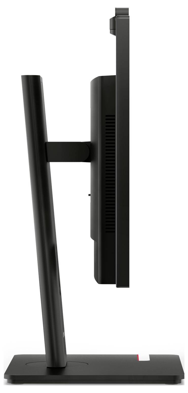 Seitenansicht eines schwarzen Computermonitors auf einem Ständer, die das schlanke Profil und die verstellbare vertikale Stütze auf einer rechteckigen Basis zeigt.