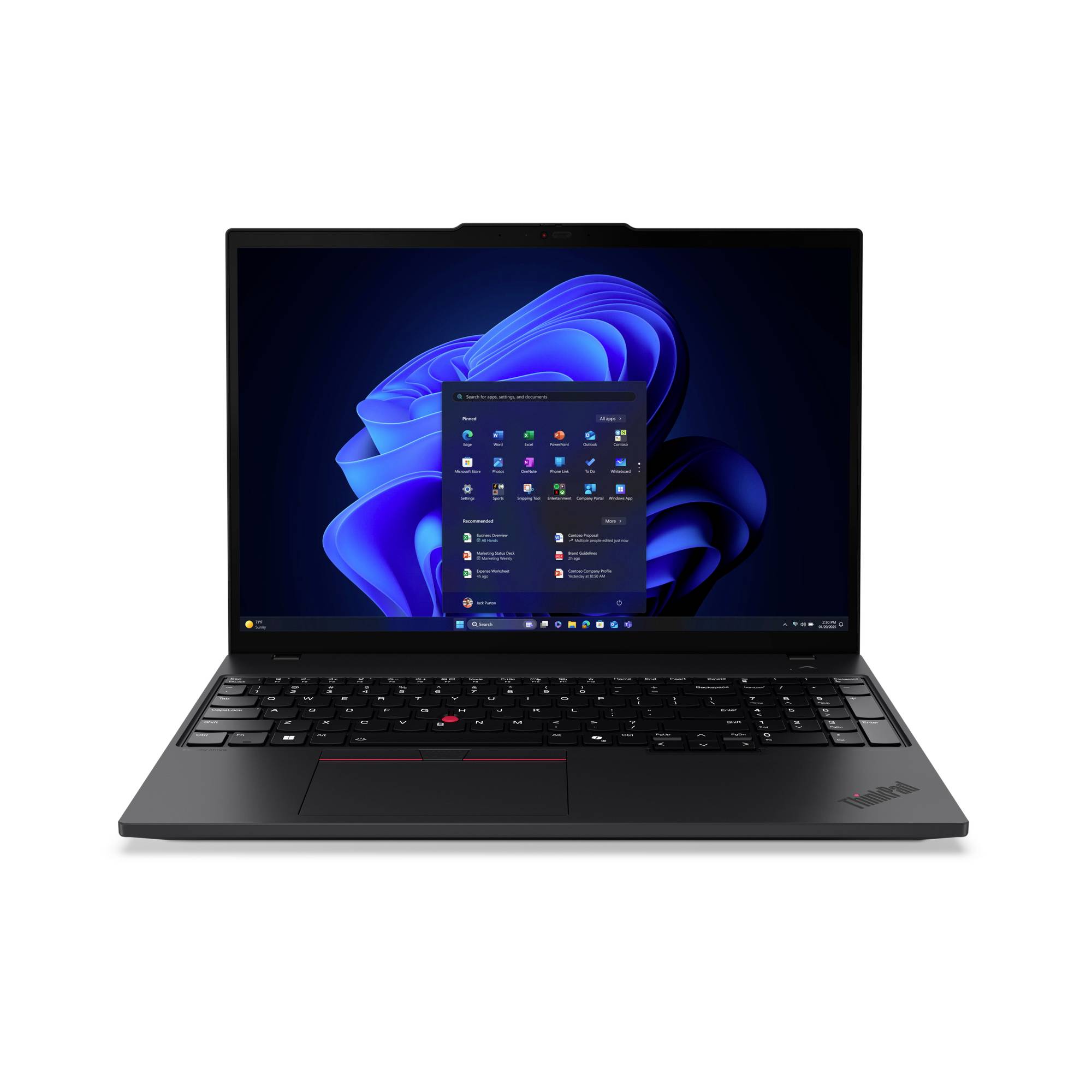 Schwarzes Lenovo ThinkPad Laptop auf weißem Hintergrund geöffnet, das den Windows 11 Desktop mit geöffnetem Startmenü zeigt.