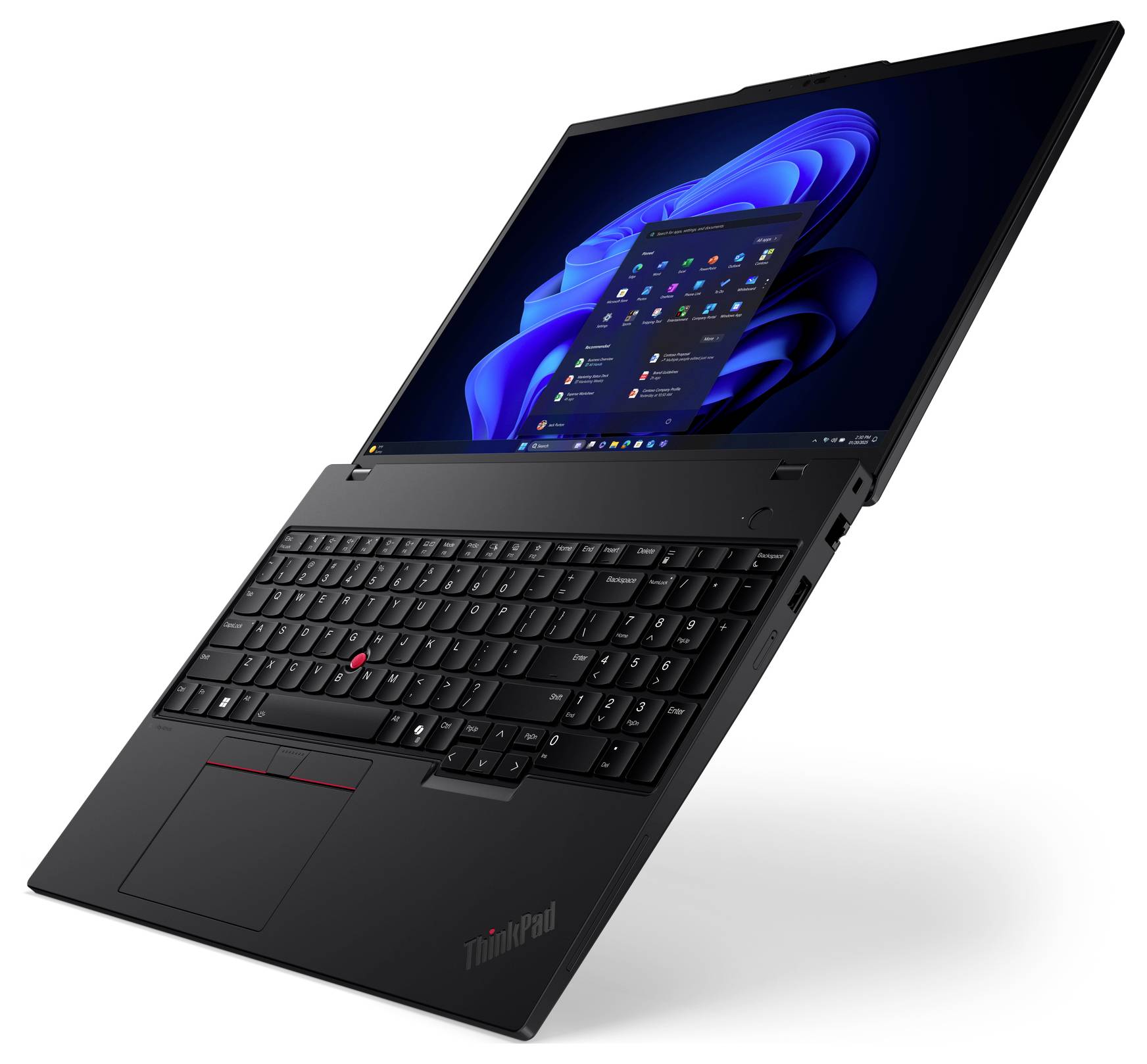 Schwarzer Lenovo ThinkPad Laptop in einem Winkel geöffnet, zeigt die Tastatur und den Windows-Desktop auf dem Bildschirm.