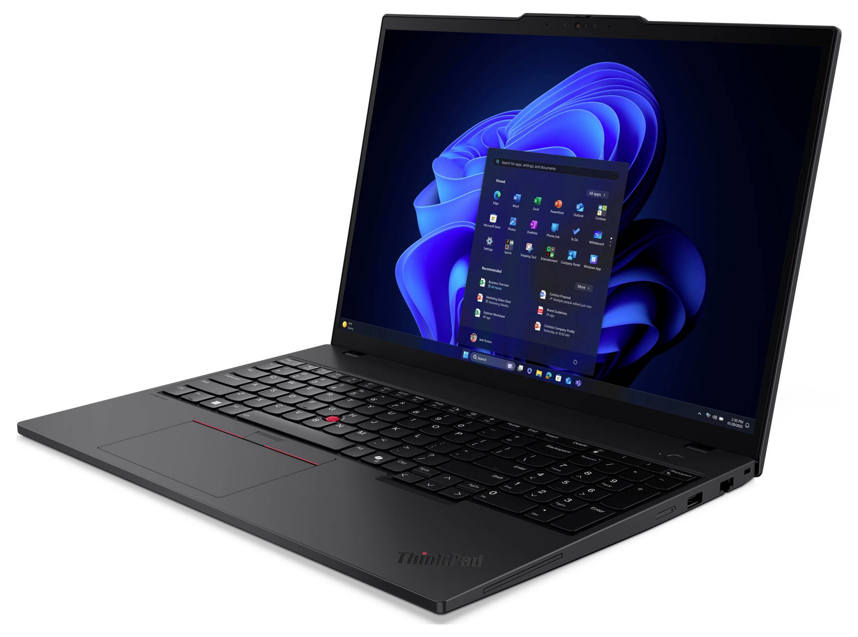Schwarzer ThinkPad-Laptop, geöffnet auf weißem Hintergrund, zeigt den Windows 11-Desktop und das Startmenü auf seinem Bildschirm.