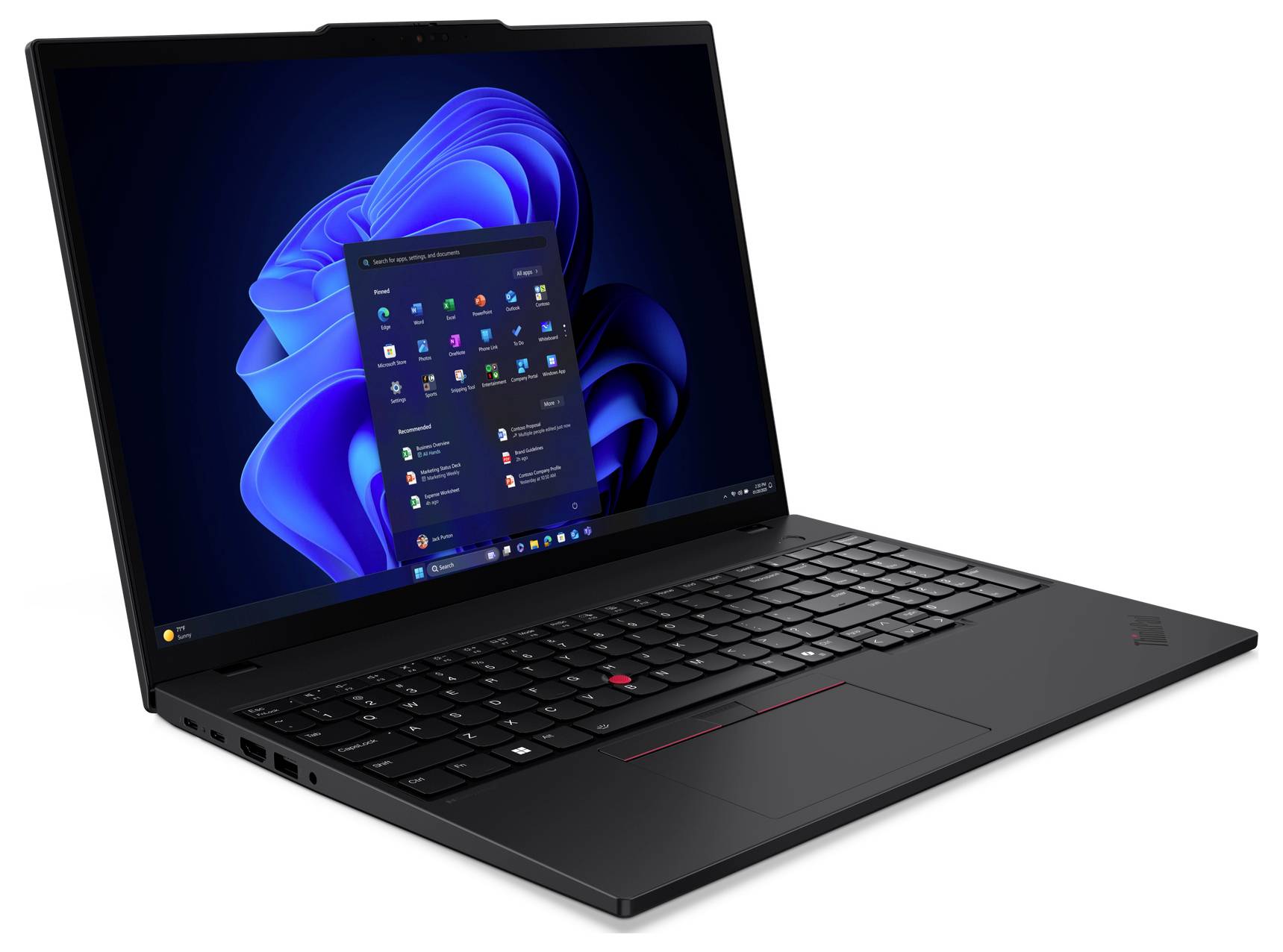 Schwarzer Lenovo-Laptop in einem Winkel offen, zeigt den Windows 11-Desktop und das zentrierte Startmenü auf dem Bildschirm.