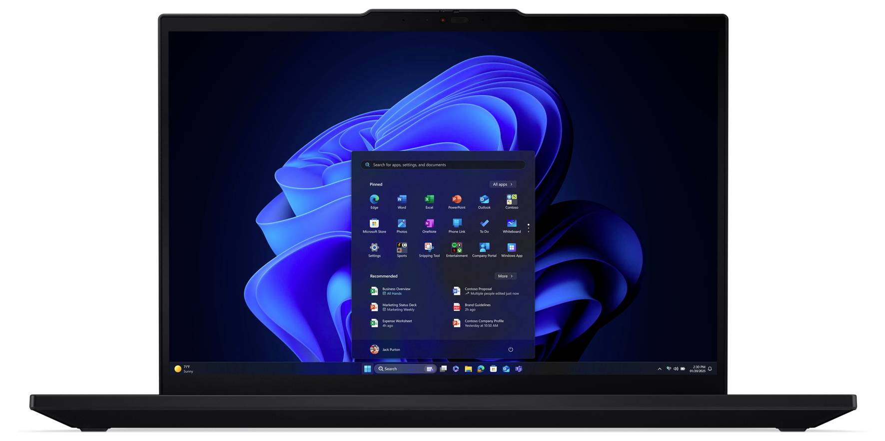 Laptop, das den Windows 11-Desktop mit dem geöffneten Startmenü über einem blauen abstrakten Hintergrundbild anzeigt.