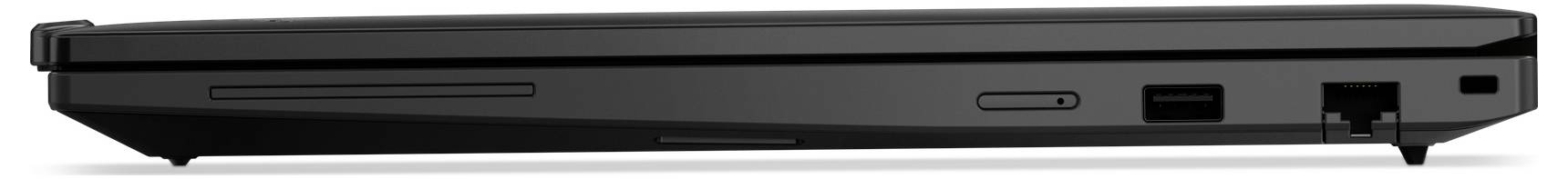 Seitenansicht eines geschlossenen schwarzen Laptops, die das dünne Profil mit Laufwerksschacht, Anschluss und Scharnier auf der rechten Seite zeigt.
