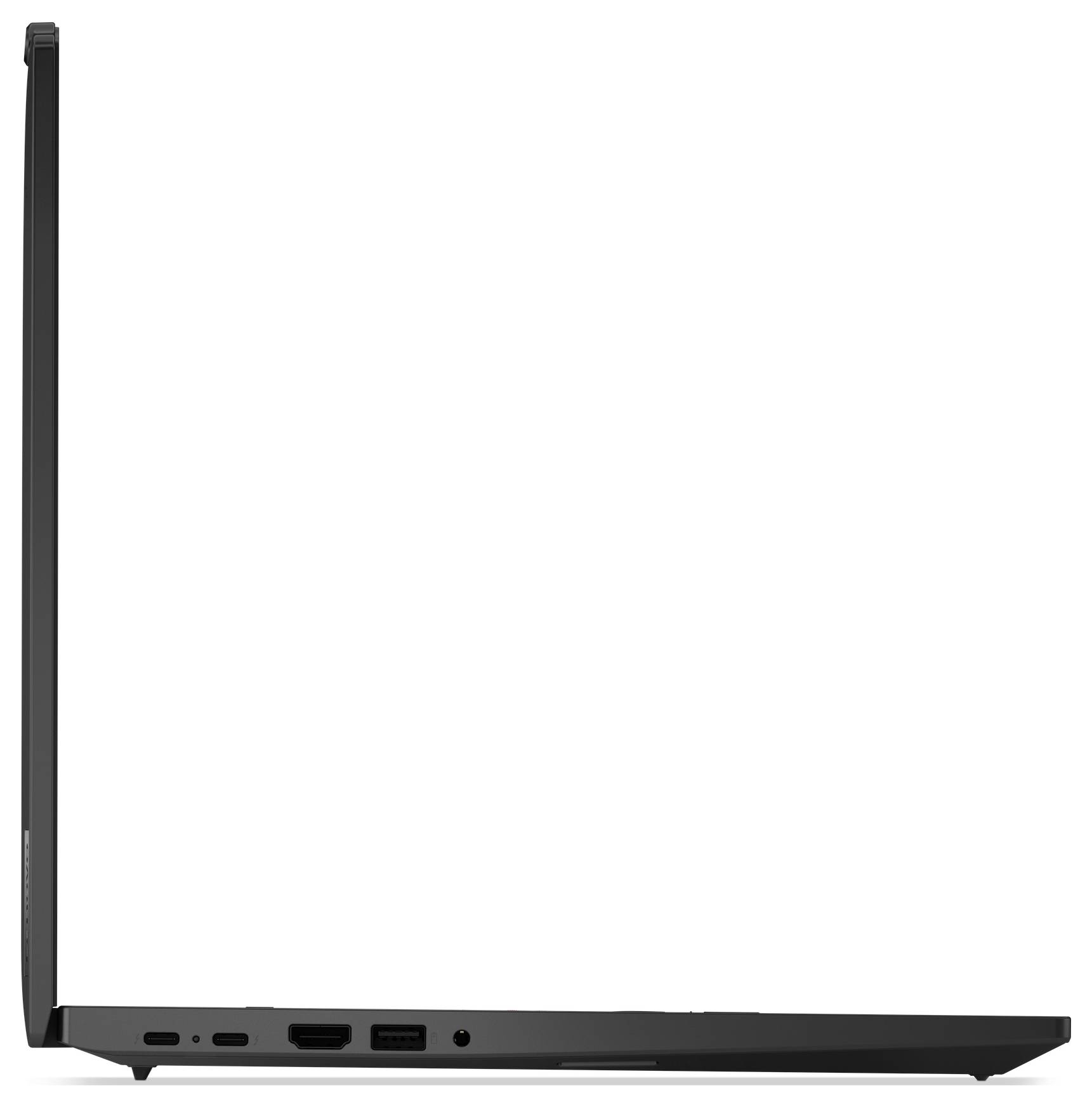 Dünner schwarzer Laptop in der Seitenansicht geöffnet, der das schlanke Design und die sichtbaren Anschlüsse an der Unterseite hervorhebt.