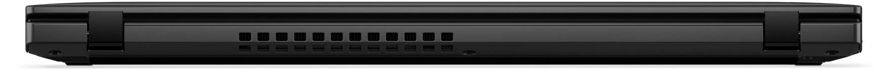 Seitenansicht eines geschlossenen schwarzen Laptops, die die hintere Kante mit Belüftungsschlitzen und dem Scharnier zeigt.