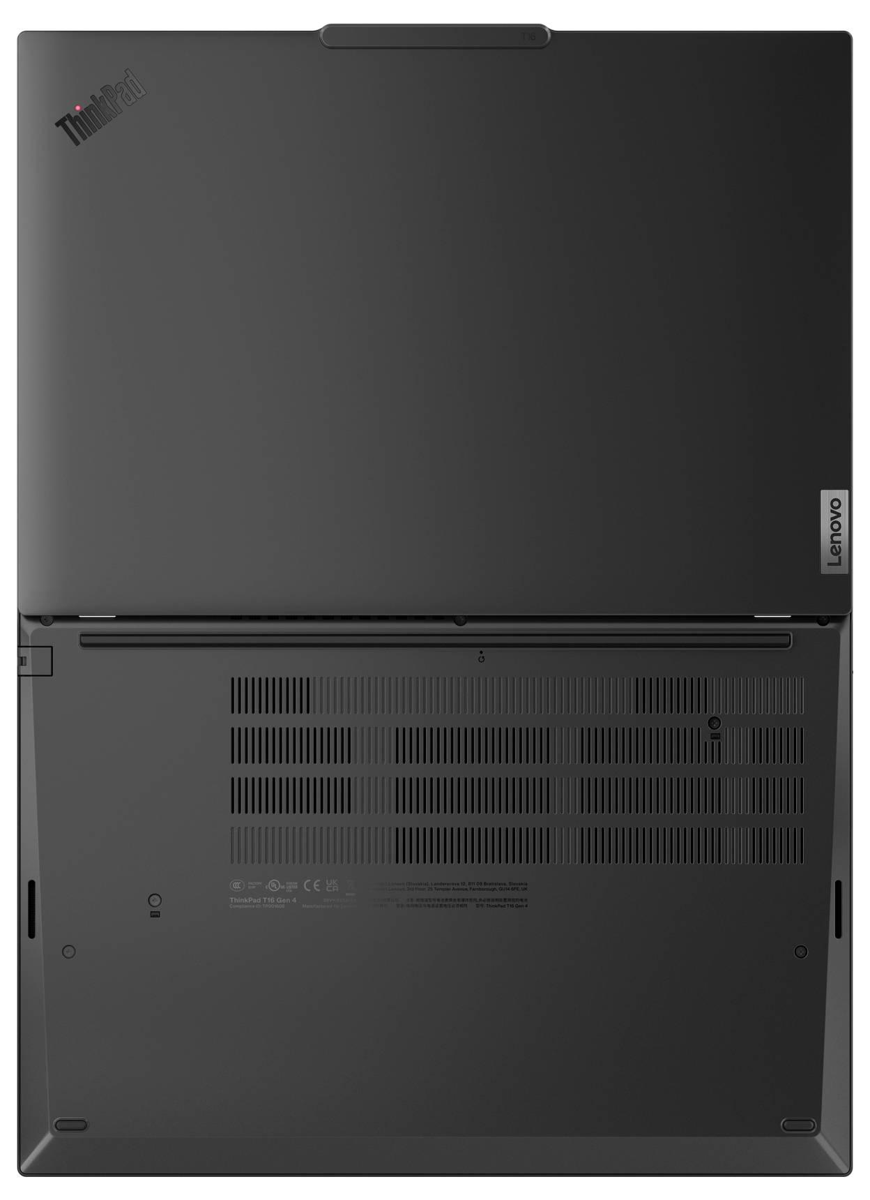 Geschlossener Lenovo ThinkPad Laptop von unten betrachtet, zeigt die Rückabdeckung, Lüftungsgitter und den Scharnier-Bereich.