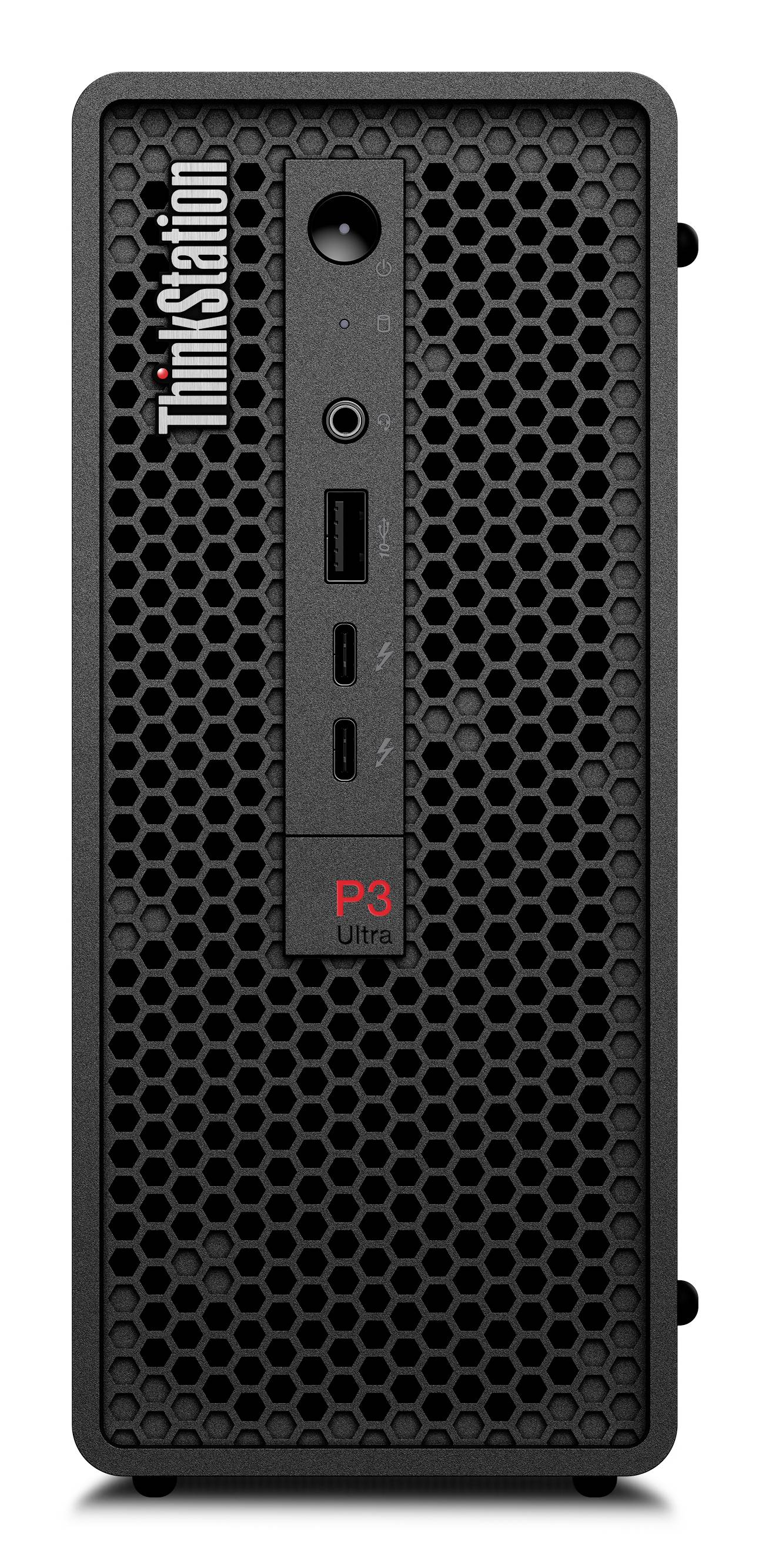 Schwarze Lenovo ThinkStation P3 Ultra kompakte Desktop-Turmgehäuse mit Wabenfront-Gitter und rotem 