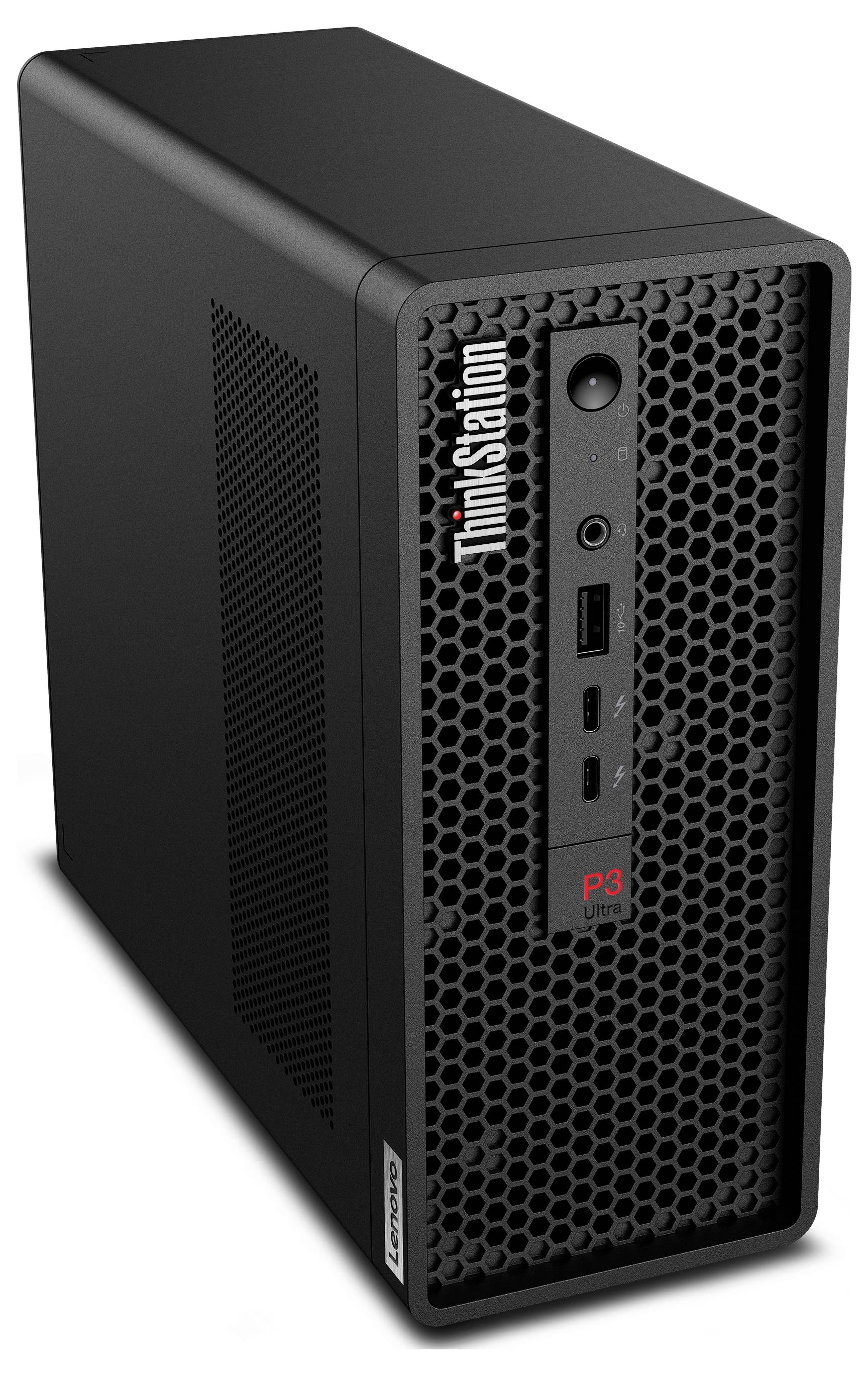 Schwarzer Lenovo ThinkStation P3 Ultra kompakter Desktop-Tower mit Wabenfront-Gitter und vorderen Anschlüssen