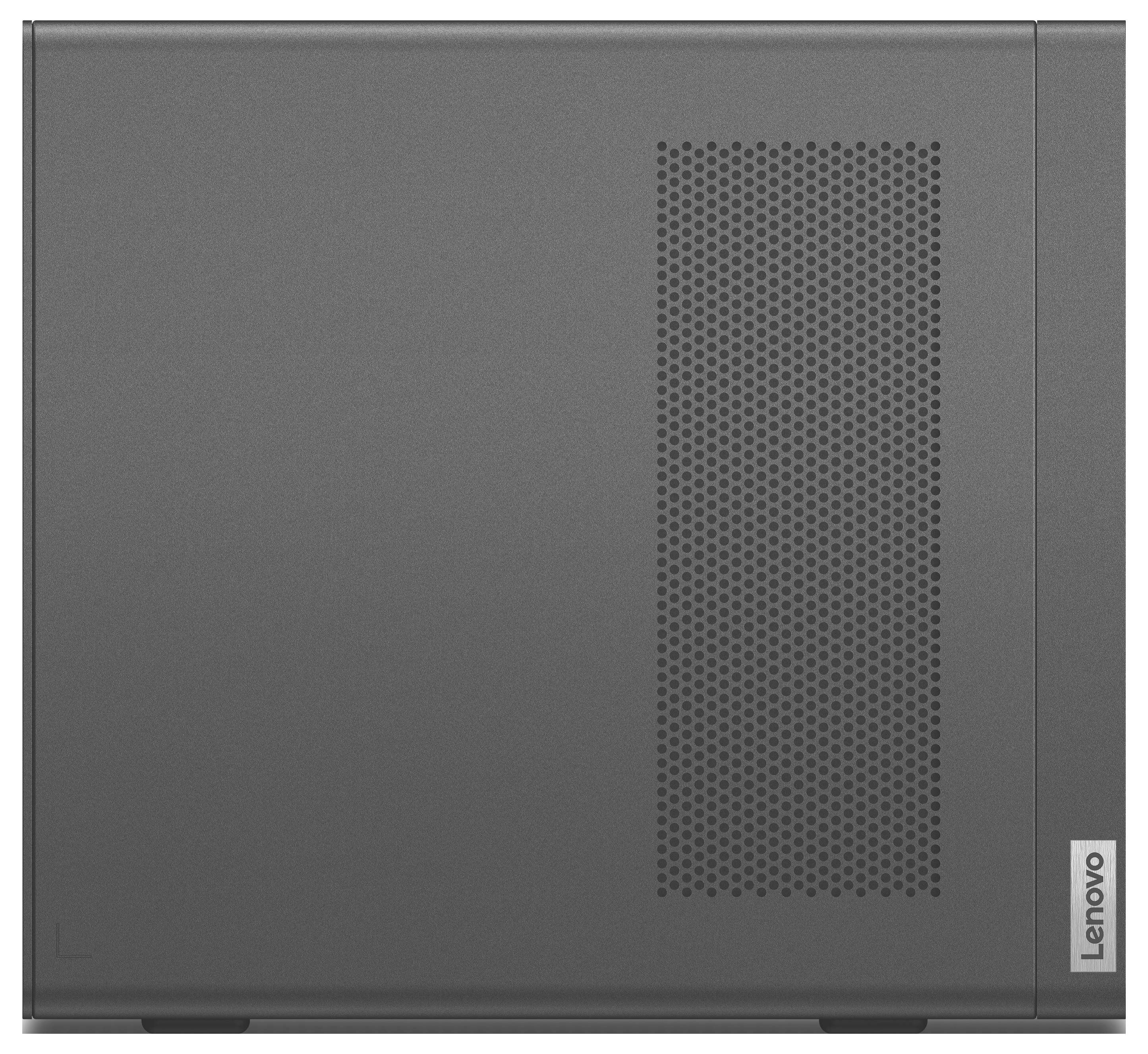 Geschlossener grauer Lenovo-Laptop von oben betrachtet, mit einem perforierten Lüftungsgitter auf der rechten Seite.
