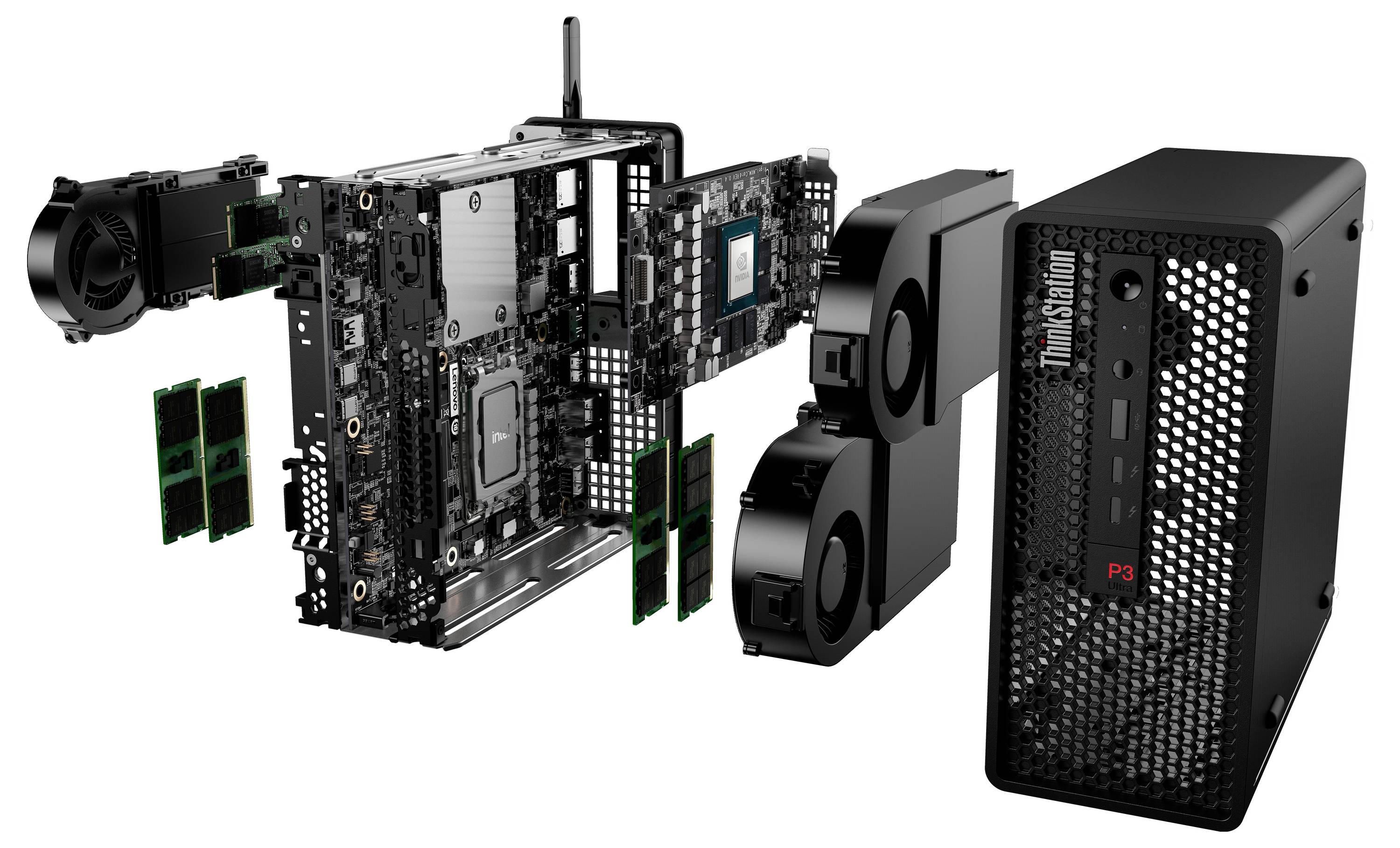 Explodierte Ansicht eines benutzerdefinierten Computer-Kühlsystems mit separaten Komponenten für die Montage, bestehend aus Motherboard, Lüftern, Kühler und Gehäuseteilen.