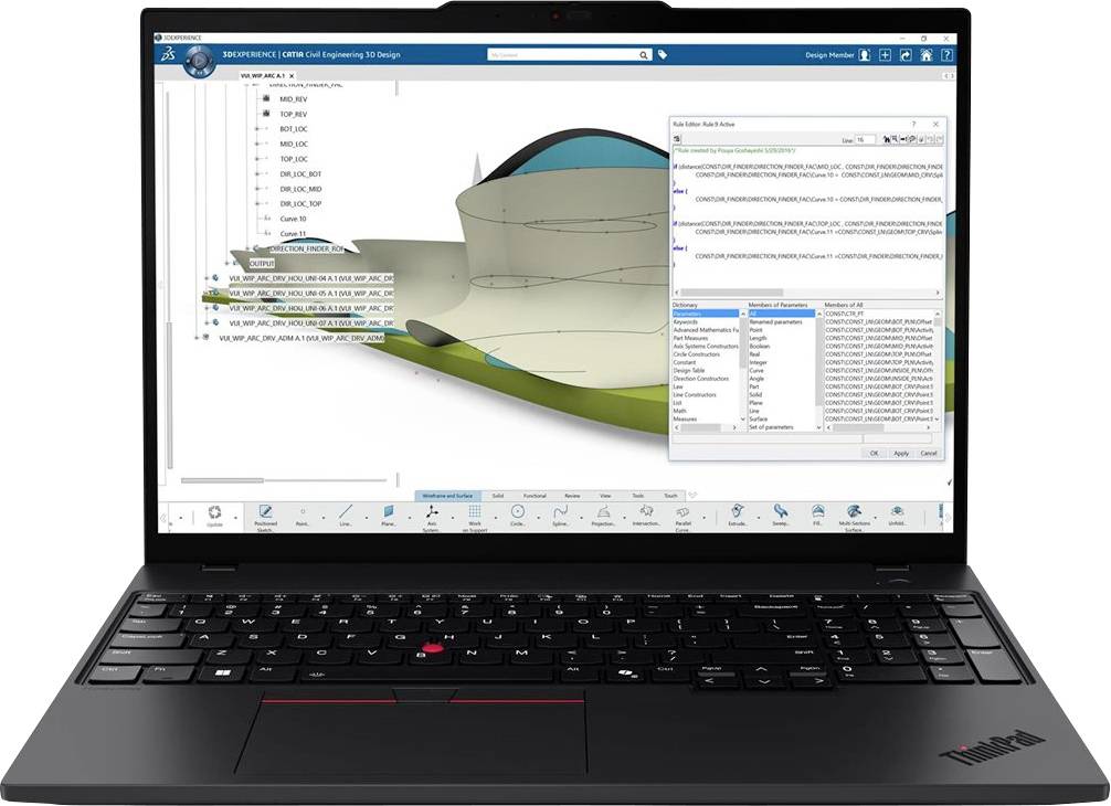Laptop mit einem 3D-Konstruktions-/CAD-Modell, das auf der linken Seite einen Dateibaum und auf der rechten Seite ein Such-/Ergebnisfenster anzeigt.