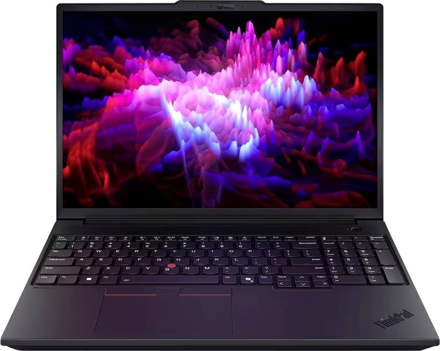 Ein schwarzer Laptop mit einem lebendigen abstrakten rosa, lila und blauen Display auf dem Bildschirm, geöffnet vor einem weißen Hintergrund dargestellt.