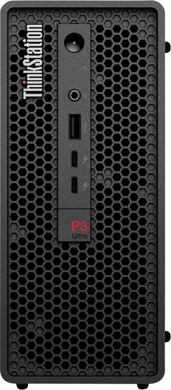 Vorderansicht eines Lenovo ThinkStation P3 Ultra Desktop-Towers mit Wabenfront-Gitter, Netzschalter, Audiobuchse, USB-Anschlüssen und ThinkStation-Logo.