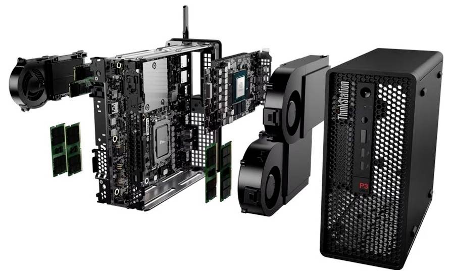 Explodierte Ansicht einer modularen Computer-Workstation mit Motherboard, Komponenten, Kühlventilatoren und dem zusammengebauten kompakten schwarzen Gehäuse mit der Bezeichnung „miniStation