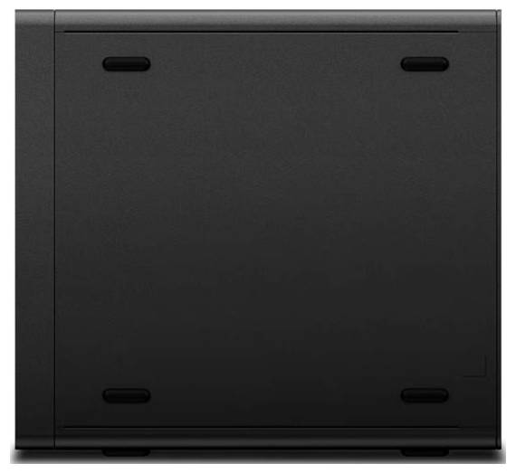 Schwarze Computergehäuse-Seitenwand mit vier Montageslitzen und einer unteren Lüftungsöffnung auf weißem Hintergrund