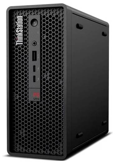 Schwarzer Lenovo ThinkStation P3 Ultra kompakter Desktop-Tower mit Wabenfront-Gitter und sichtbaren Front-Anschlüssen.