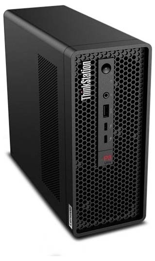 Schwarzer Lenovo ThinkStation P3 Tower-Desktop-Computer in Frontansicht von links mit perforiertem vorderen Gitter und Anschlüssen.