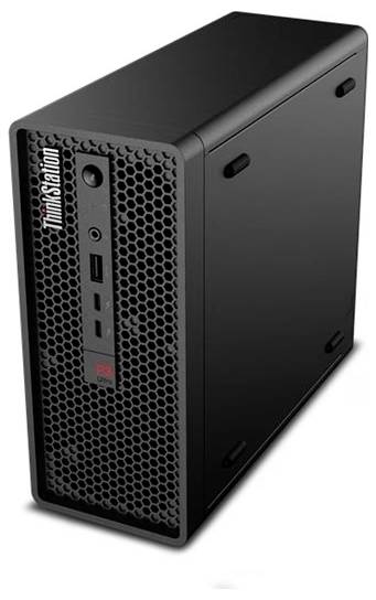 Schwarzer ThinkStation Desktop-Workstation-Tower mit perforiertdem Frontpanel und vorderen Anschlüssen, dargestellt auf weißem Hintergrund.