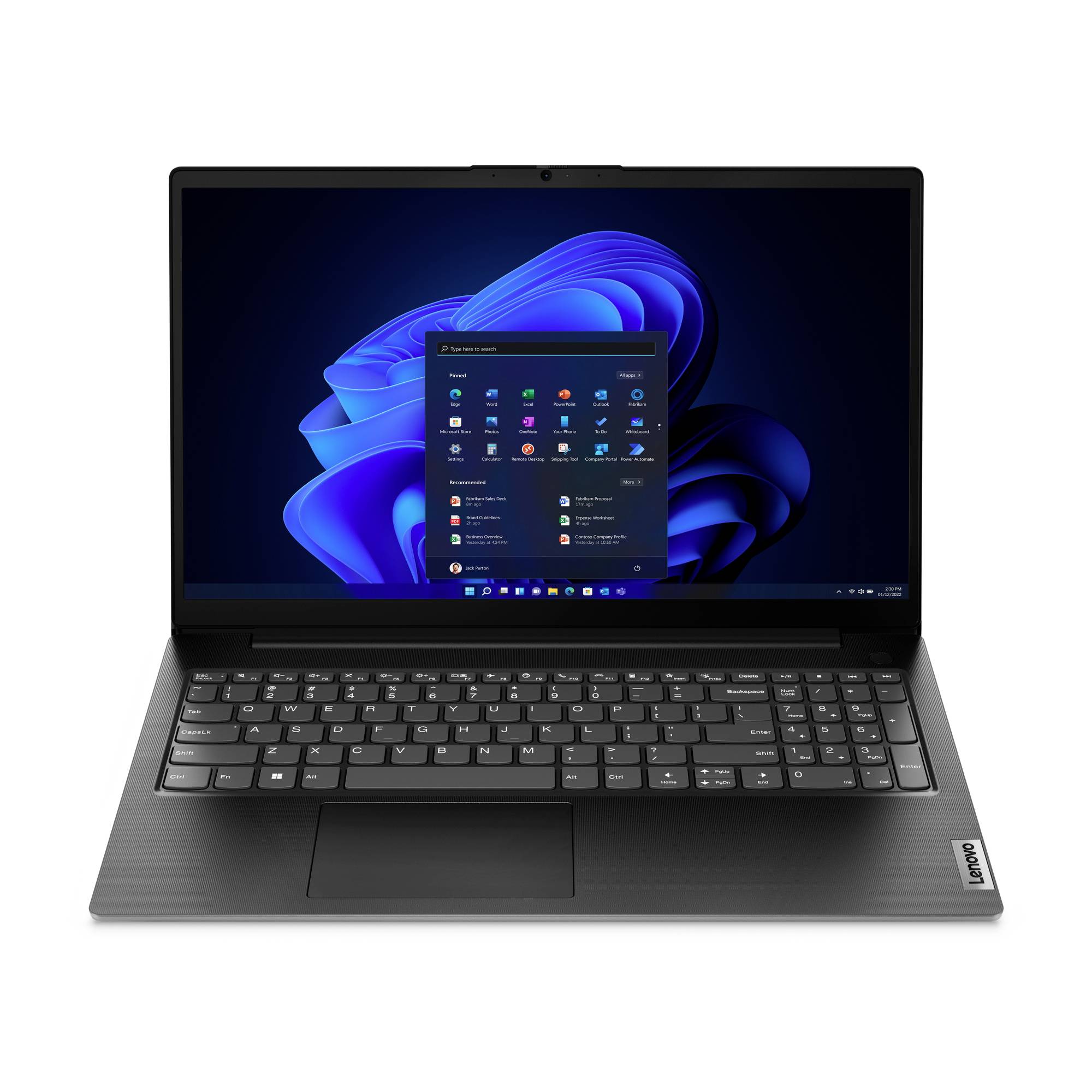 Schwarzer Lenovo-Laptop auf weißem Hintergrund geöffnet, zeigt den Windows 11-Desktop und das Startmenü auf dem Bildschirm.