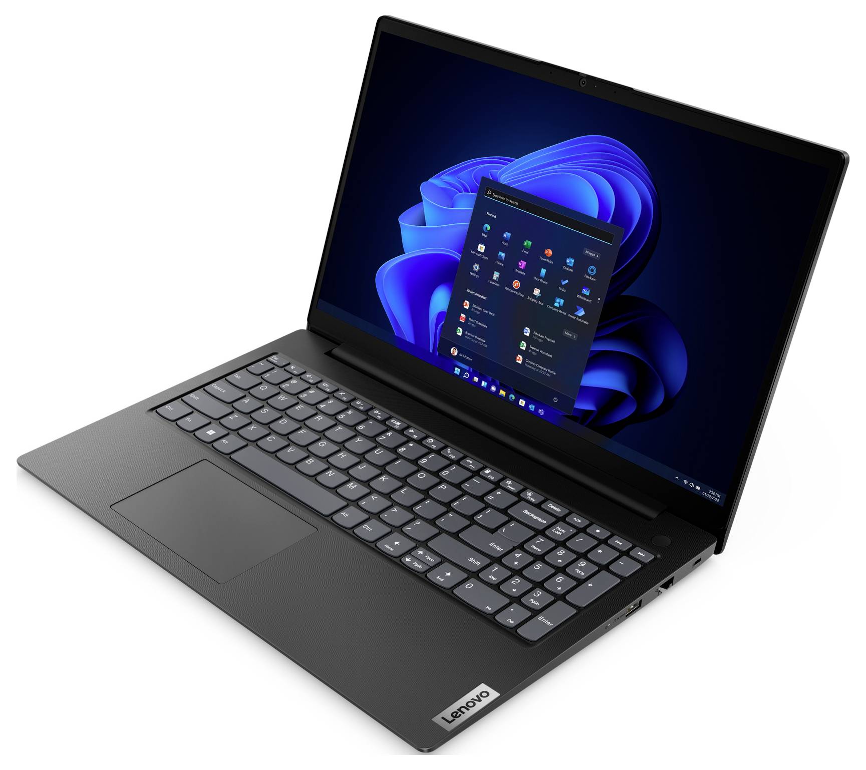 Schwarzer Lenovo-Laptop, der in einem Winkel geöffnet ist und den Windows-11-Desktop sowie das Startmenü auf dem Bildschirm anzeigt.
