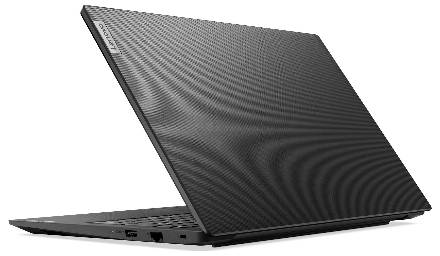 Schwarzer Lenovo-Laptop in Seitenansicht geöffnet auf weißem Hintergrund.
