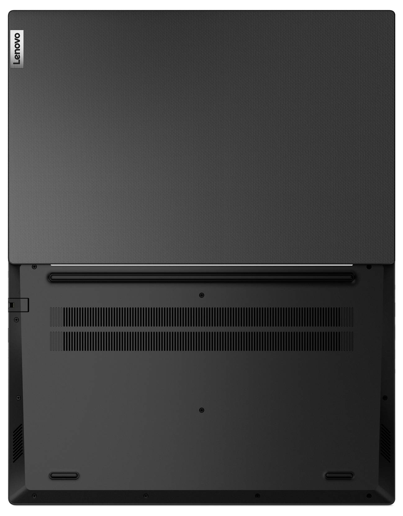 Unteransicht eines Lenovo-Laptops, die Lüftungsgitter, Schrauben und Gummifüße auf der Unterseite zeigt.