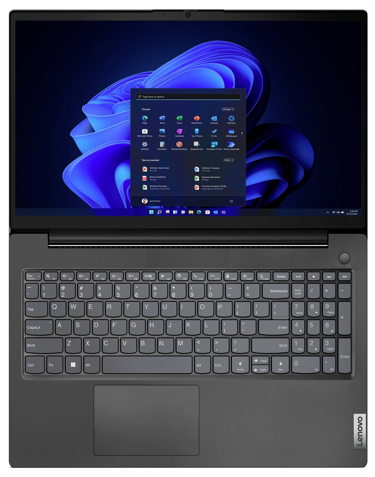 Lenovo-Laptop, das den Windows-11-Desktop mit geöffnetem Startmenü anzeigt, von oben fotografiert mit sichtbarer Tastatur und Touchpad.