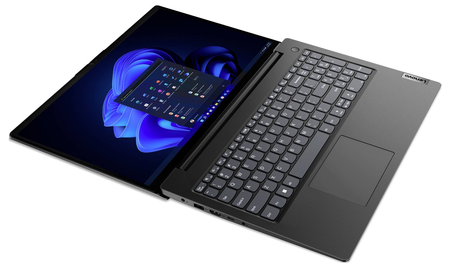 Grauer Lenovo-Laptop, geöffnet mit Windows-11-Desktop auf dem Bildschirm, schräg auf weißem Hintergrund positioniert.