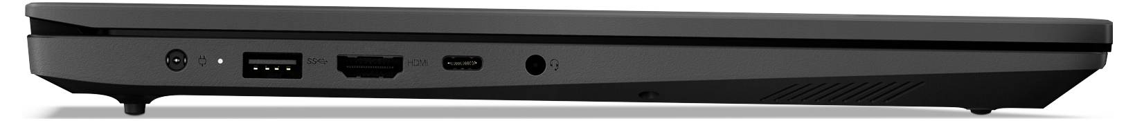 Seitenansicht eines dünnen schwarzen Laptops im geschlossenen Zustand, die die Vorderkante mit USB-, HDMI-, Audioanschluss und einer zentralen Anzeigelampe zeigt.