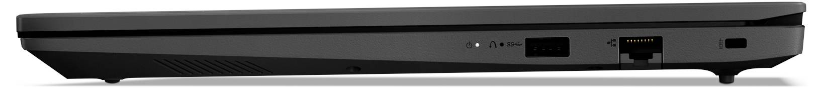 Seitenansicht eines geschlossenen schwarzen Laptops, die das dünne Profil, Lüftungsschlitze und seitliche Anschlüsse auf weißem Hintergrund zeigt.