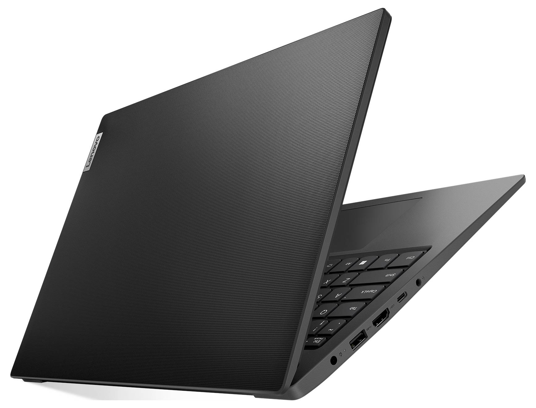 Aufgeklappter schwarzer Laptop, teilweise geschlossen, zeigt Tastatur und seitliche Anschlüsse auf weißem Hintergrund.