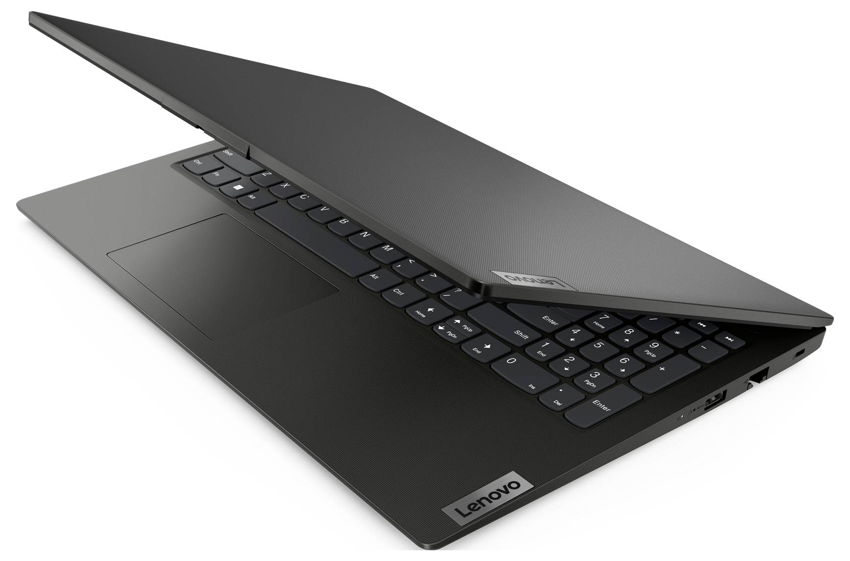 Schwarzer Lenovo ThinkPad Laptop in schräger Position geöffnet, mit buntem Windows-Desktop und Copilot-Panel auf dem Bildschirm.