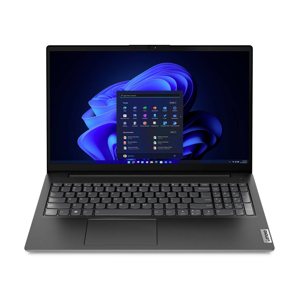 Schwarzer Lenovo-Laptop mit geöffnetem Windows-11-Startbildschirm, der ein zentriertes Startmenü auf einer blauen abstrakten Tapete anzeigt.