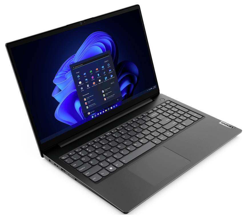 Ein schwarzer Lenovo-Laptop, in einem Winkel geöffnet, zeigt einen Windows-11-Desktop auf dem Bildschirm und eine vollständige Tastatur mit Touchpad.