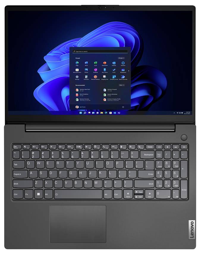 Lenovo-Laptop geöffnet mit Windows 11-Desktop und angezeigtem Startmenü auf dem Bildschirm, mit sichtbarer Tastatur und Touchpad.