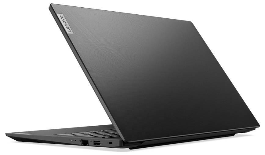 Geschlossener schwarzer Lenovo-Laptop in Seitenansicht auf weißem Hintergrund, Deckel teilweise geöffnet, um die Tastatur und Anschlüsse freizulegen.