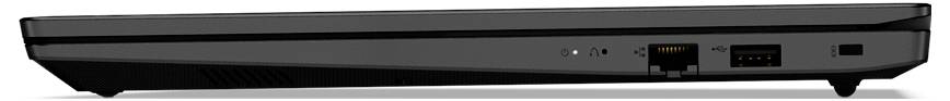 Seitenansicht eines geschlossenen schwarzen Laptops, die die Vorderkante mit Statusleuchte, USB-Anschluss und Ethernet-Buchse zeigt.