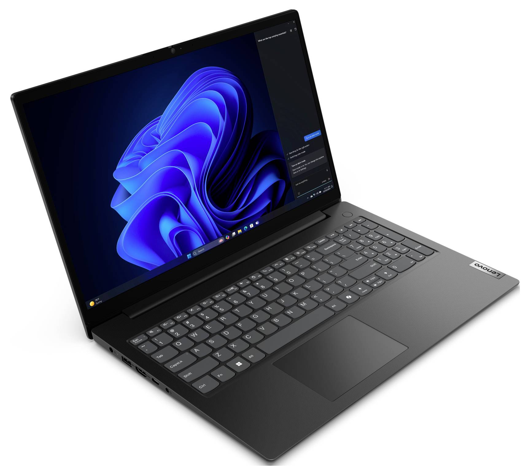 Ein schwarzes Lenovo-Laptop in einem Winkel geöffnet, das einen Windows-Desktop mit einem blauen abstrakten Hintergrund und sichtbarer Tastatur zeigt.
