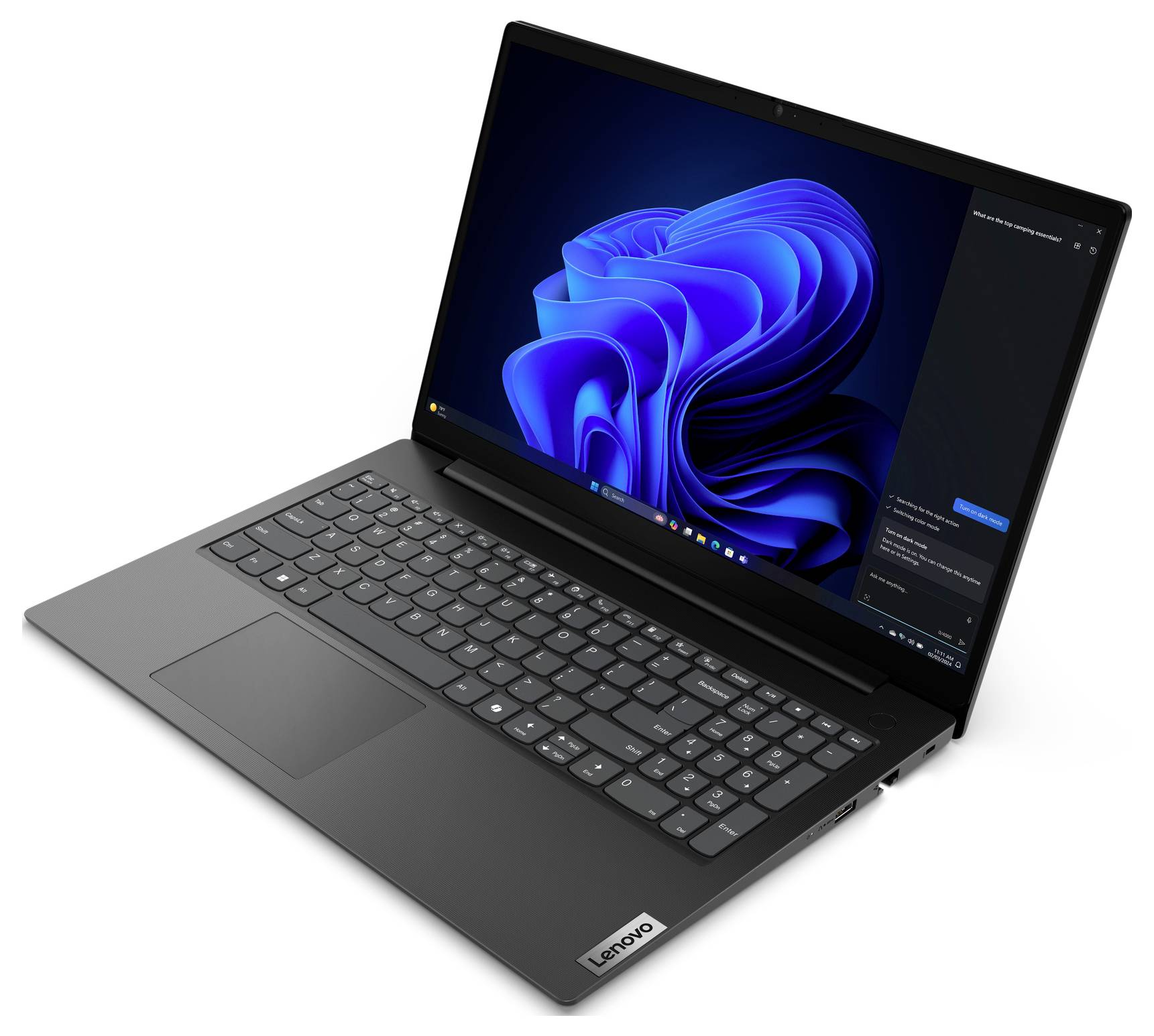 Schwarzer Lenovo-Laptop, der in einem Winkel geöffnet ist und den Windows-11-Desktop mit einem blauen abstrakten Hintergrundbild anzeigt.